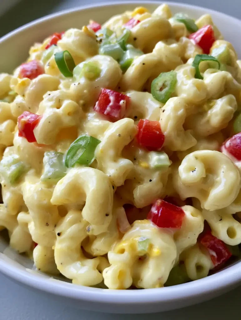 Cremiger Nudelsalat: Das klassische Rezept für den besten Nudelsalat wie im Süden 1 Cremiger Nudelsalat serviert in einer rustikalen Schüssel bei natürlichem Tageslicht.