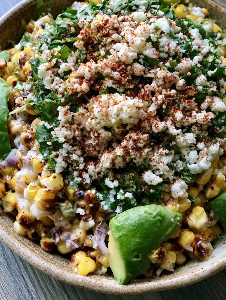 Draufsicht auf Mexikanischer Maissalat mit goldgelben Maiskörnern, Avocado-Stücken und frischem Koriander.