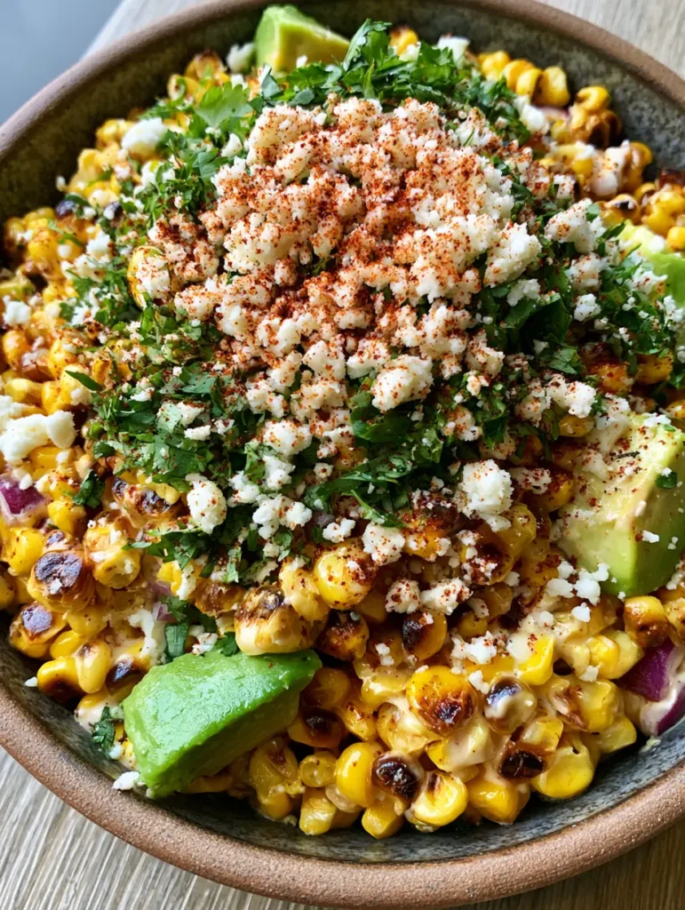 Mexikanischer Maissalat serviert in einer dunklen Schüssel auf Holzhintergrund, garniert mit Chili und Käse.