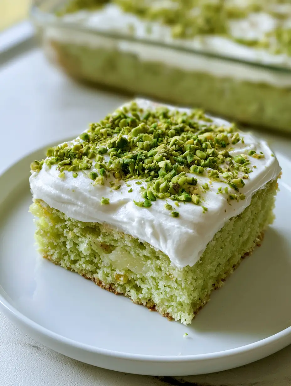Pistazien-Ananas-Kuchen: Der ultimative saftige Blechkuchen mit Sahnehaube 4 Nahaufnahme eines Pistazien-Ananas-Kuchenstücks mit sichtbaren Ananasstücken im grünen Teig.