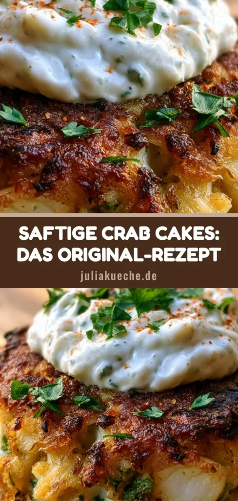 Ein perfekt gebratener Crab Cake auf einem rustikalen Holzbrett mit weißer Sauce und Old Bay Bestäubung. (Crab Cakes Rezept)