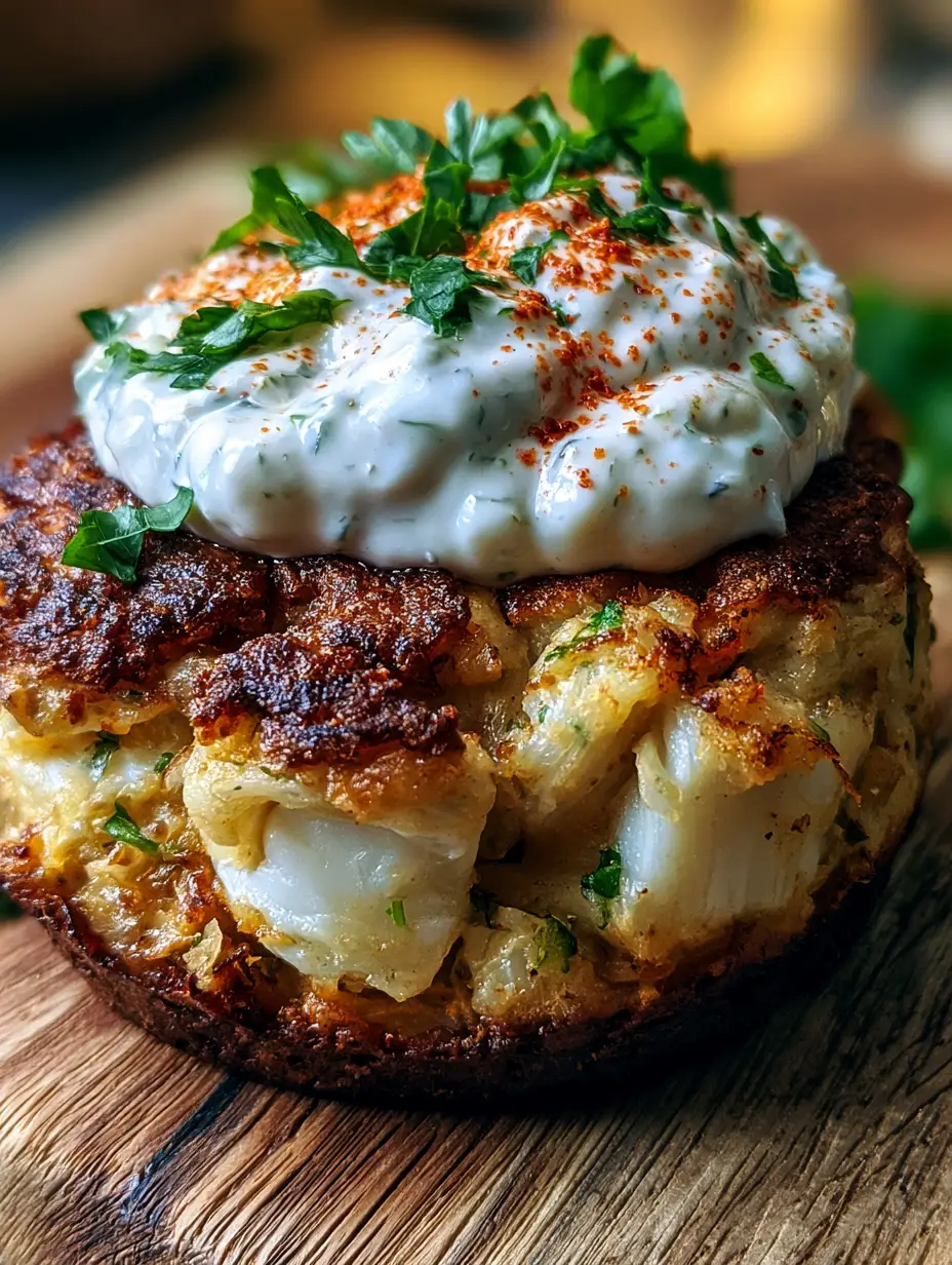 Nahaufnahme eines dicken Crab Cakes mit sichtbaren Krebsfleischstücken und Petersilie. (Crab Cakes Rezept)