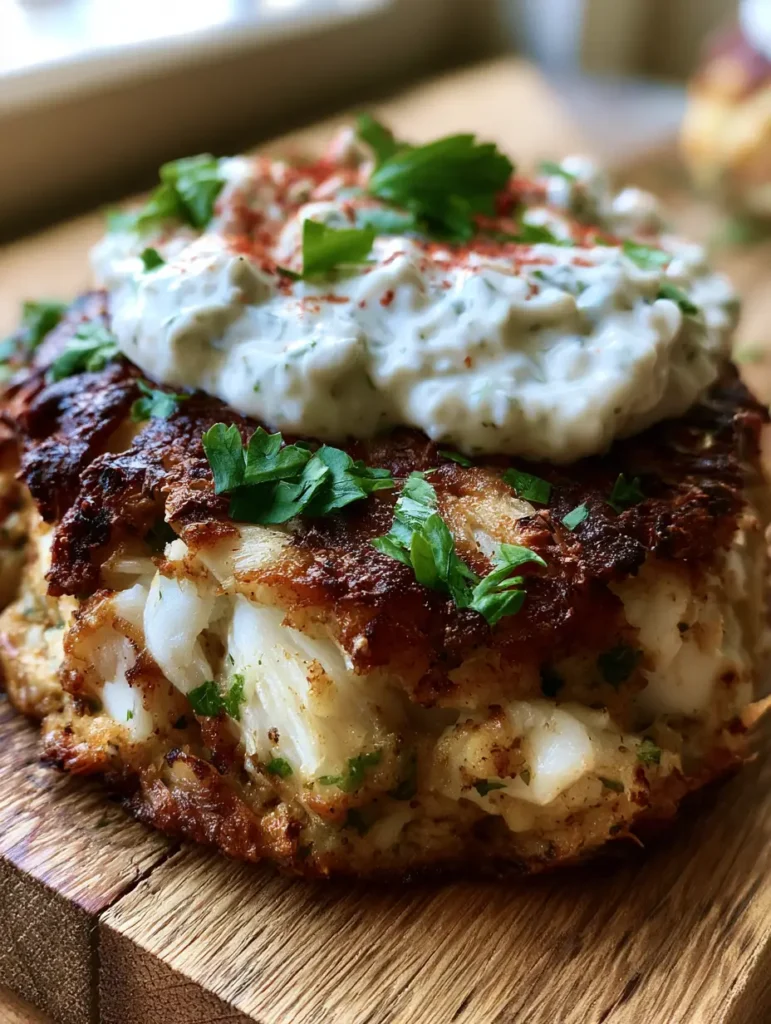 Servierfertiger Crab Cake mit cremiger weißer Kräutersauce und frischer Petersilie.