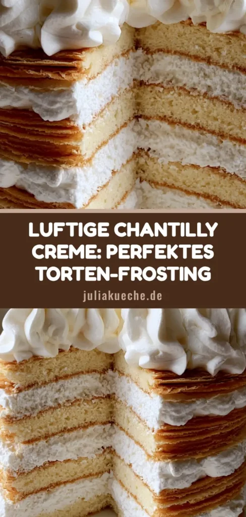 Chantilly Creme Rezept: Die ultimative luftige Vanillesahne für Schichttorten 4 Nahaufnahme einer hohen Schichttorte mit weißer Chantilly Creme und dekorativen Sahnetupfen auf einem weißen Teller. (Chantilly Creme Rezept)