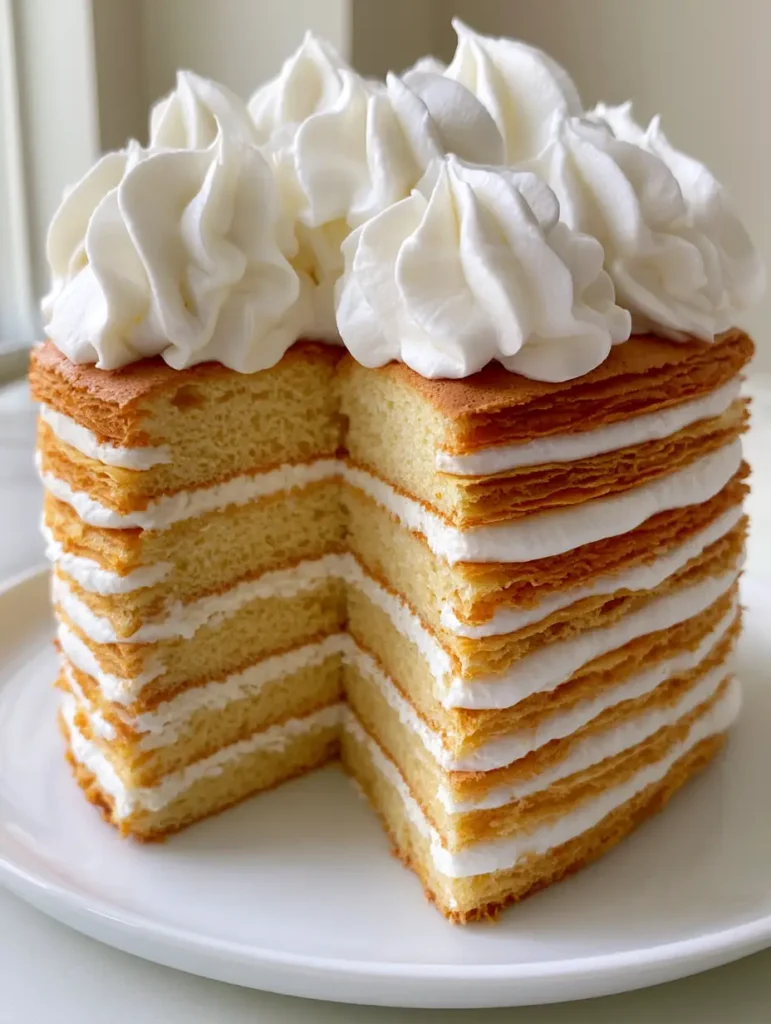 Chantilly Creme Rezept: Die ultimative luftige Vanillesahne für Schichttorten 2 Ein Anschnitt einer hohen Biskuit-Torte zeigt die vielen dünnen Schichten und die luftige weiße Chantilly Creme. (Chantilly Creme Rezept)