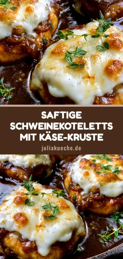 Draufsicht auf eine gusseiserne Pfanne mit Schweinekoteletts in dunkler Zwiebelsauce und geschmolzenem Gruyère-Käse.