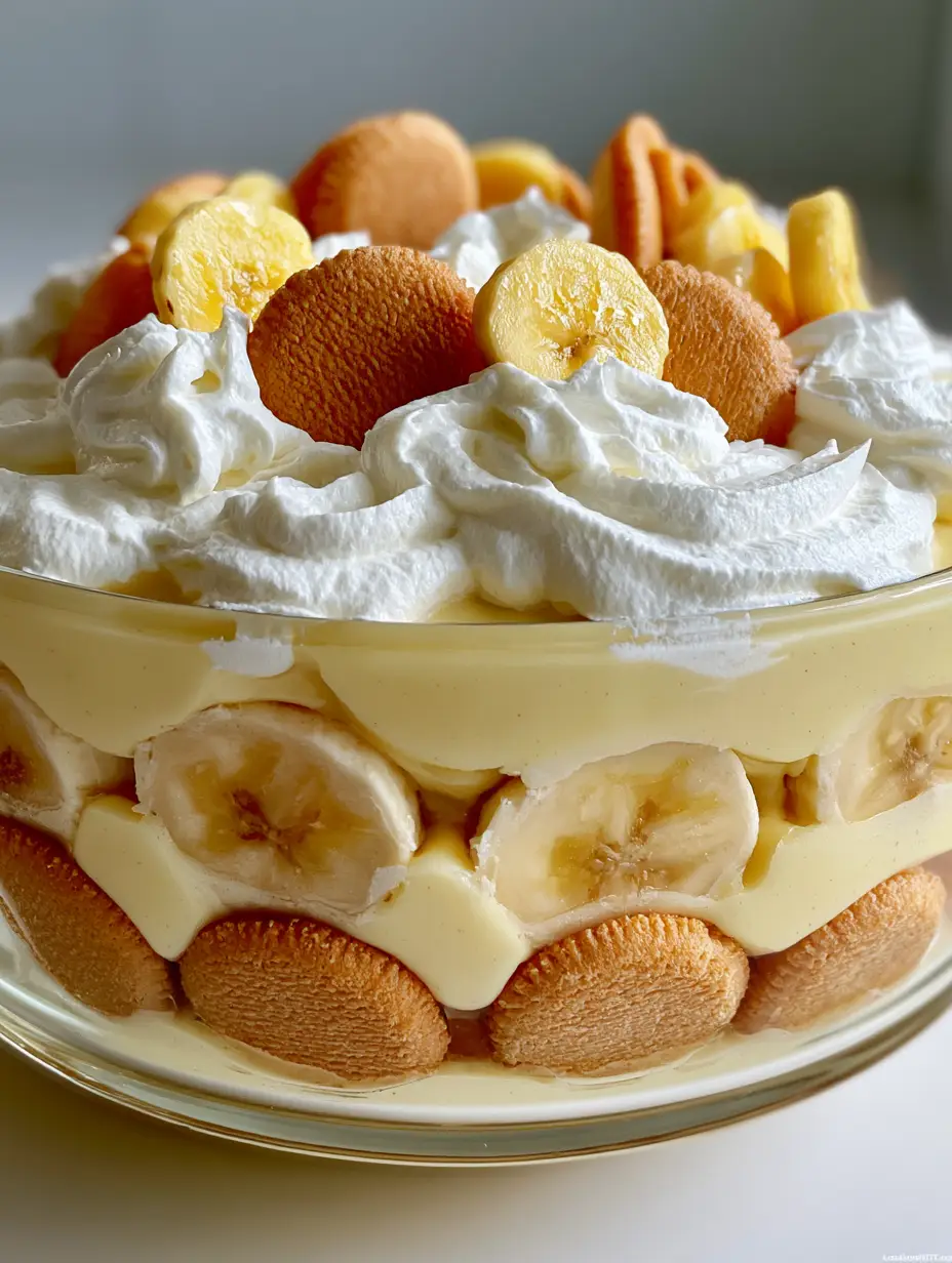 Bananen-Schichtdessert: Das ultimative Rezept für cremiges Glück 3 Nahaufnahme eines Bananen-Schichtdesserts mit cremiger Sahnehaube und Eierplätzchen-Garnitur.