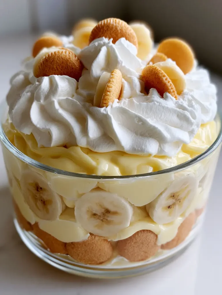 Bananen-Schichtdessert: Das ultimative Rezept für cremiges Glück 1 Bananen-Schichtdessert serviert in einer klaren Schüssel, perfekt geschichtet für Gäste.