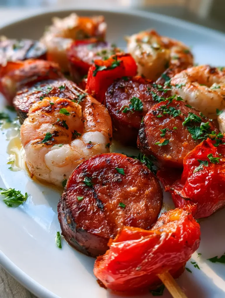 Gegrillte Meeresfrüchte-Spieße: Das ultimative Surf & Turf Grillrezept 1 Gegrillte Meeresfrüchte-Spieße serviert auf einem weißen Keramikteller bei natürlichem Tageslicht.