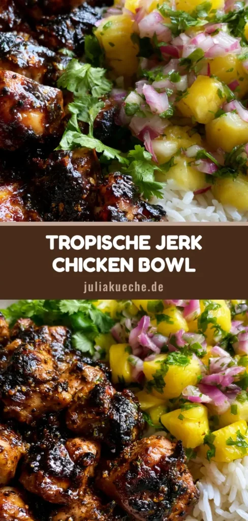 Draufsicht auf eine Jerk Chicken Bowl mit dunkel glasiertem Hähnchen, weißem Reis und gelber Ananas-Salsa in einer Keramikschale.
