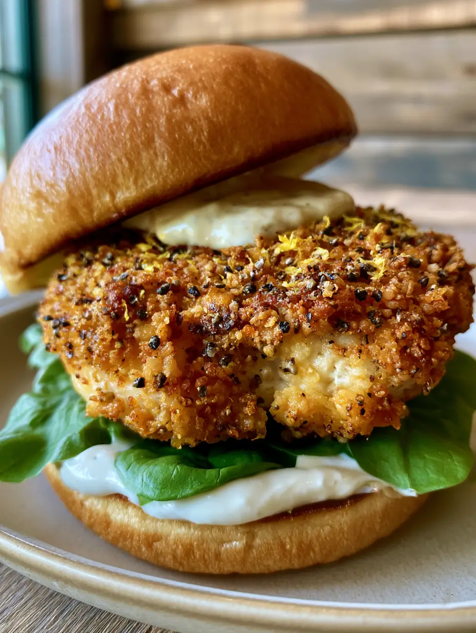 Nahaufnahme eines knusprigen Hähnchen Sandwiches mit Brioche-Brötchen und Lemon Pepper Gewürz. (Hähnchen Sandwich Rezept)