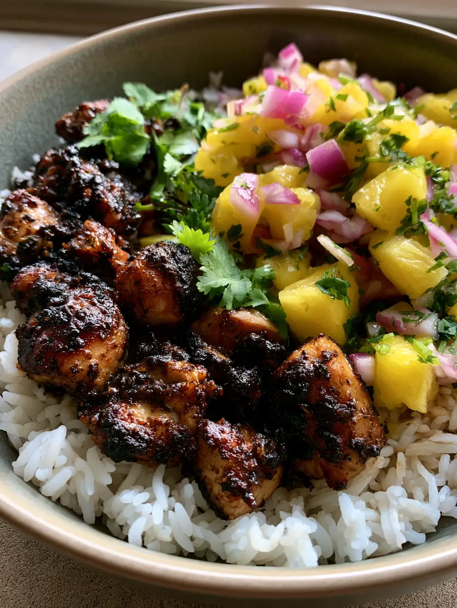 Nahaufnahme einer Jerk Chicken Bowl mit Fokus auf das saftige, dunkle Hähnchen und die frische Ananas.
