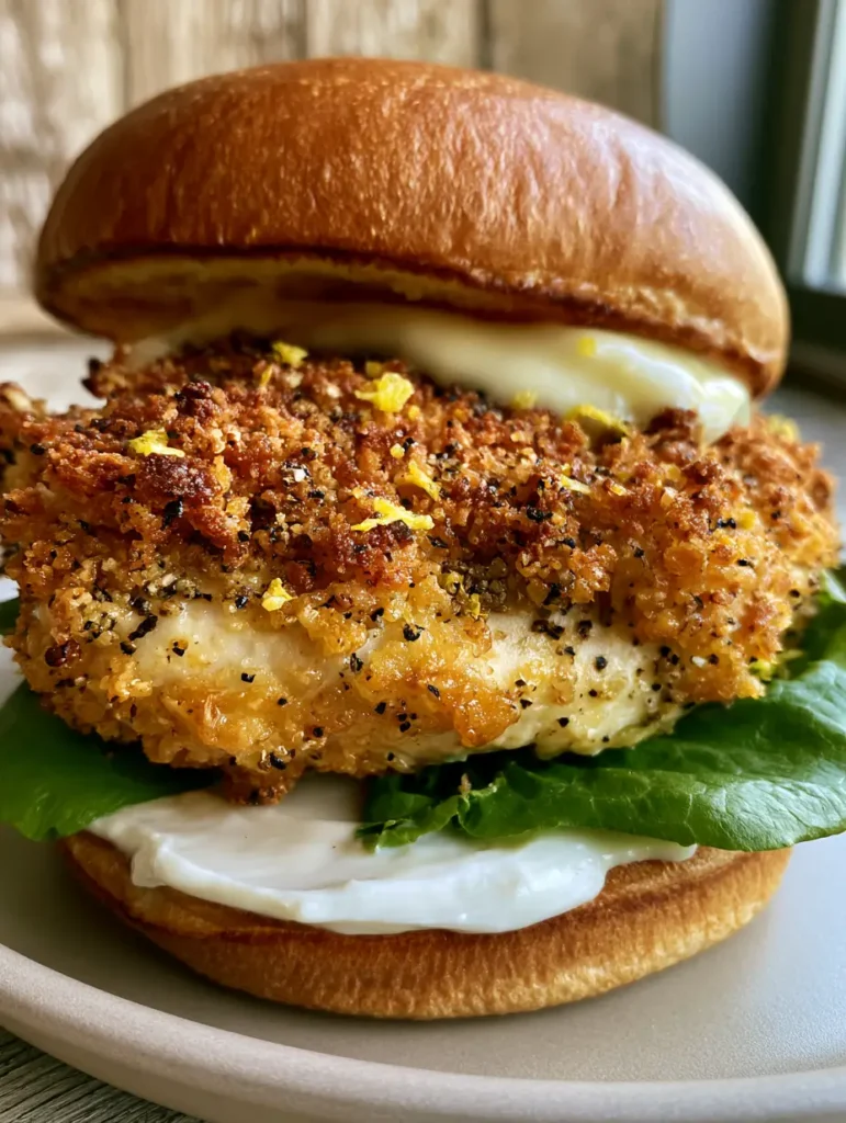 Detaillierte Schichten eines Hähnchen Sandwich Rezept mit schmelzender weißer Sauce und grünem Salat.