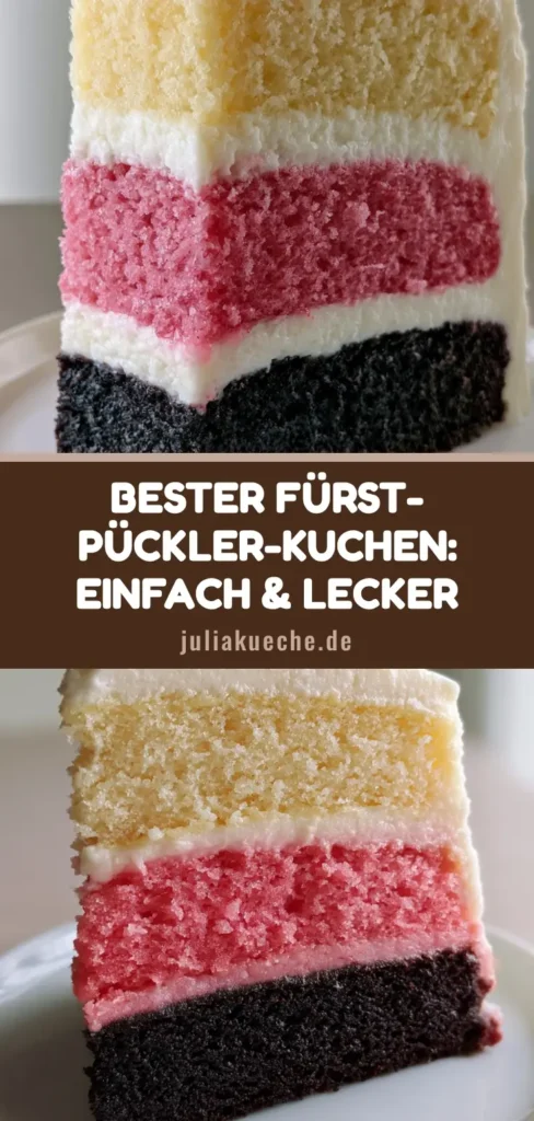 Fürst-Pückler-Kuchen: Der ultimative dreischichtige Klassiker (Neapolitan Style) 3 Ein vertikaler Anschnitt eines dreischichtigen Fürst-Pückler-Kuchens auf einem weißen Teller, Schichten in Schokolade, Erdbeere und Vanille mit weißem Frosting.