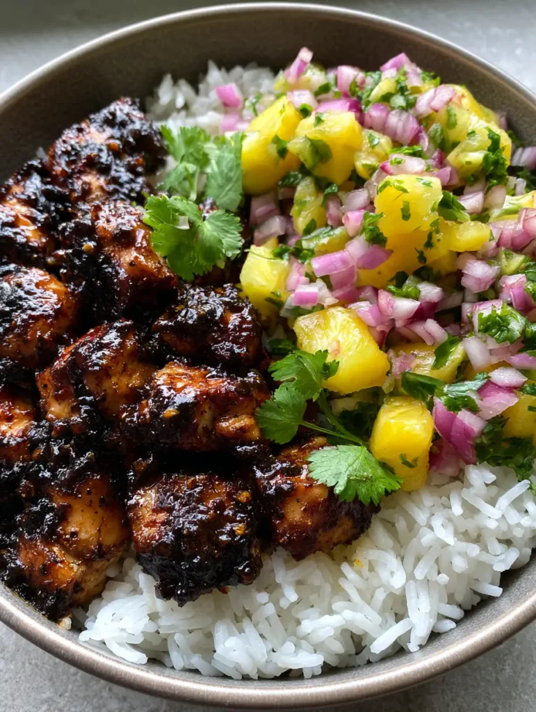 Eine Hand hält ein Smartphone über eine fertig angerichtete Jerk Chicken Bowl auf einem hellen Tisch.