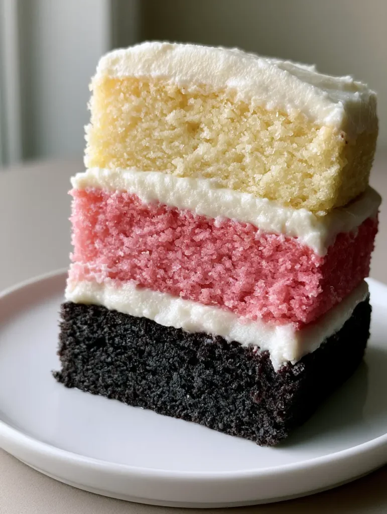 Fürst-Pückler-Kuchen: Der ultimative dreischichtige Klassiker (Neapolitan Style) 2 Nahaufnahme eines Kuchenschnitts des Fürst-Pückler-Kuchens mit sichtbarer Krume in Braun, Pink und Gelb.