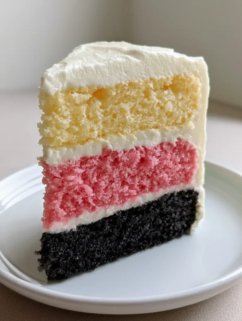 Fürst-Pückler-Kuchen: Der ultimative dreischichtige Klassiker (Neapolitan Style) 1 Ein Stück Fürst-Pückler-Kuchen auf einem neutralen Tisch mit weichem Tageslicht.
