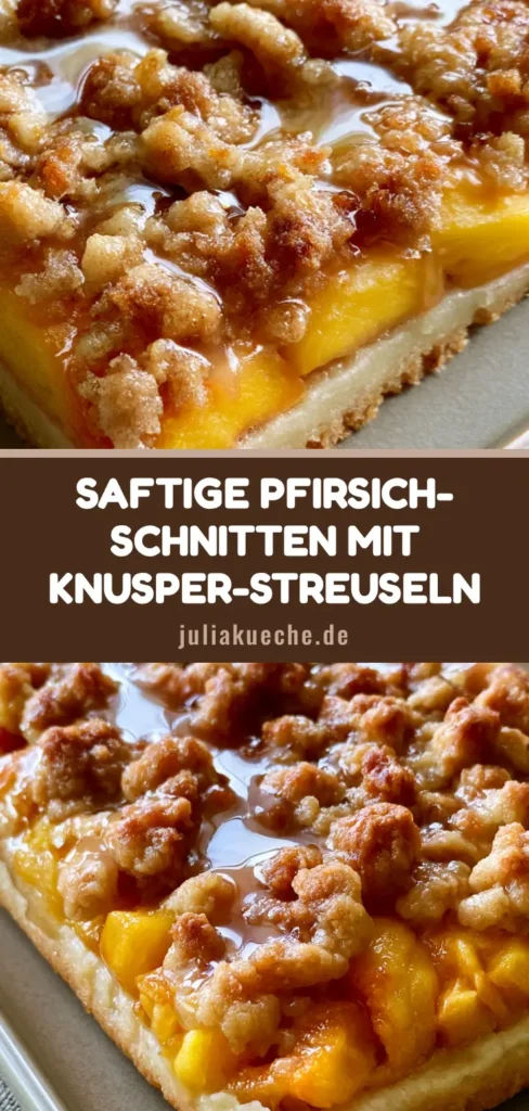 Pfirsich-Crumble-Schnitten: Das saftigste Sommer-Rezept mit Honig-Glasur 4 Nahaufnahme einer rechteckigen Pfirsich-Crumble-Schnitte mit goldbraunen Streuseln und glänzender Honig-Glasur auf einem grauen Leinentuch.