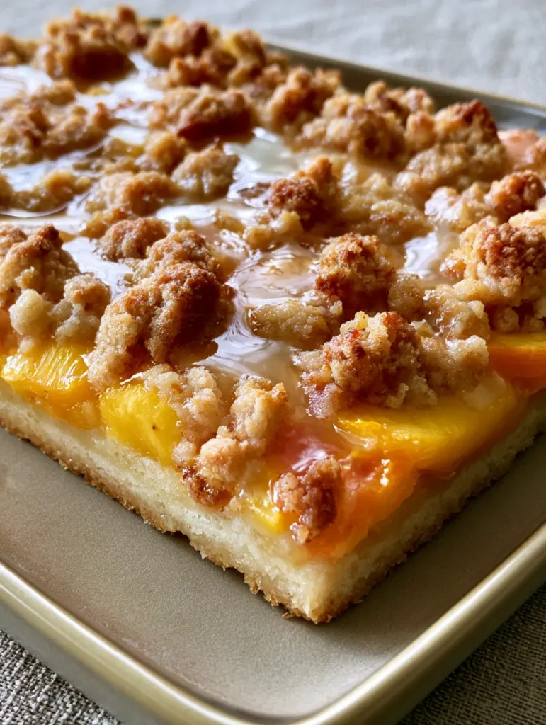 Pfirsich-Crumble-Schnitten: Das saftigste Sommer-Rezept mit Honig-Glasur 2 Draufsicht auf Pfirsich-Crumble-Schnitten mit saftigen gelben Pfirsichen und knusprigem Boden auf einem Keramikteller.
