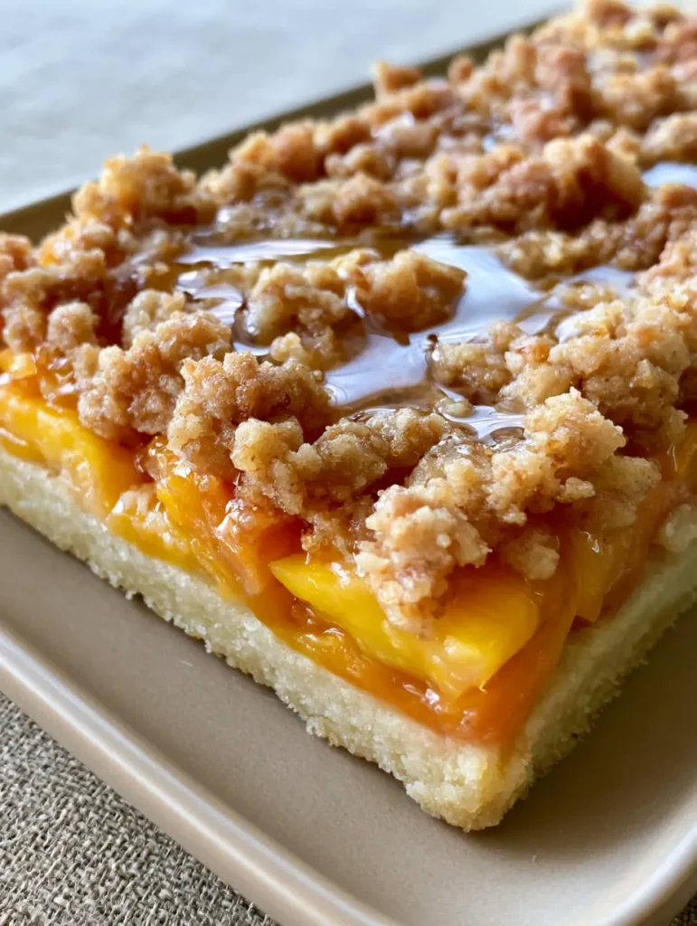 Pfirsich-Crumble-Schnitten: Das saftigste Sommer-Rezept mit Honig-Glasur 1 Detailansicht der goldbraun gebackenen Streusel und der glänzenden Honig-Glasur auf den Pfirsich-Schnitten.