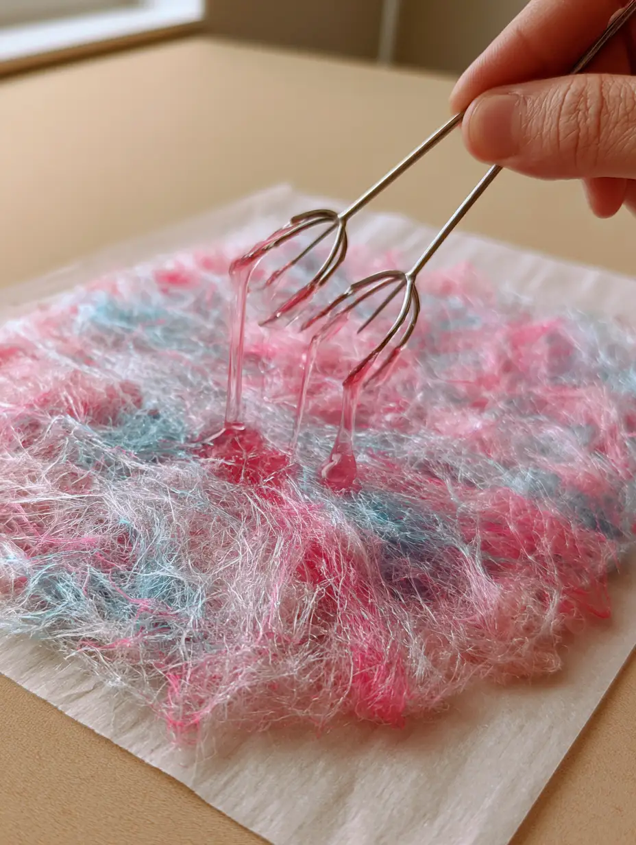 Zuckerwatte selber machen: Fluffige Jahrmarkt-Magie ohne Maschine 3 Nahaufnahme von feinen, rosafarbenen Zuckerfäden auf weißem Backpapier beim Zuckerwatte selber machen.