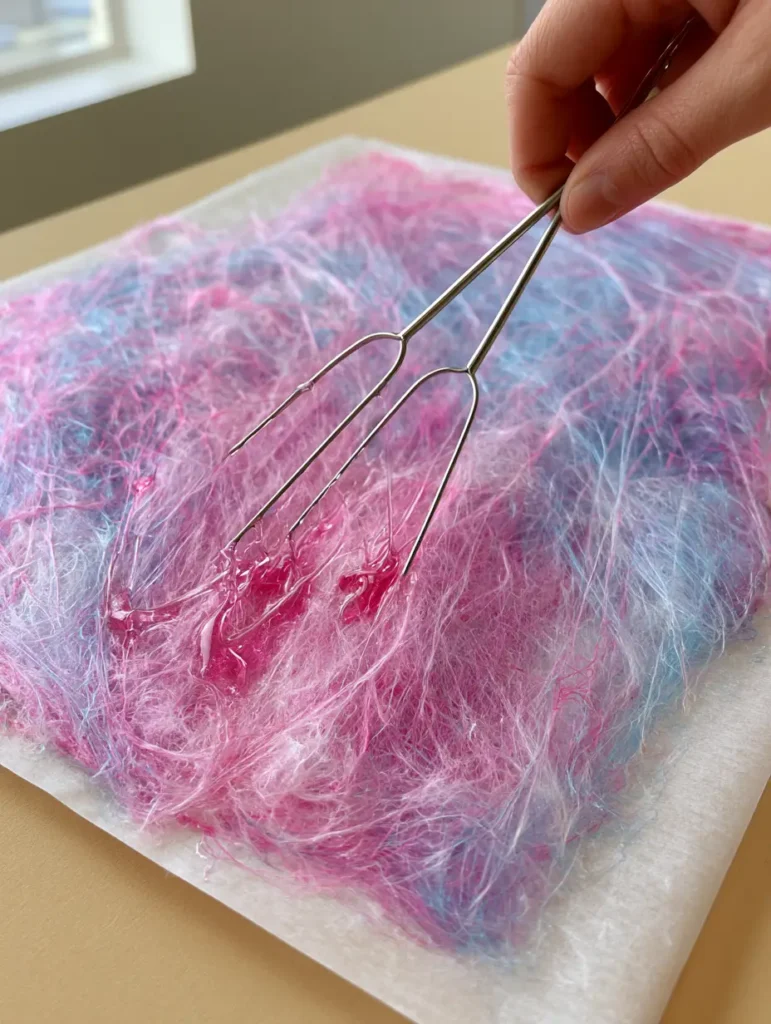 Zuckerwatte selber machen: Fluffige Jahrmarkt-Magie ohne Maschine 1 Ein Metall-Schneebesen mit offenen Schlaufen tropft pinken Zuckersirup auf ein Nest aus Zuckerwatte.