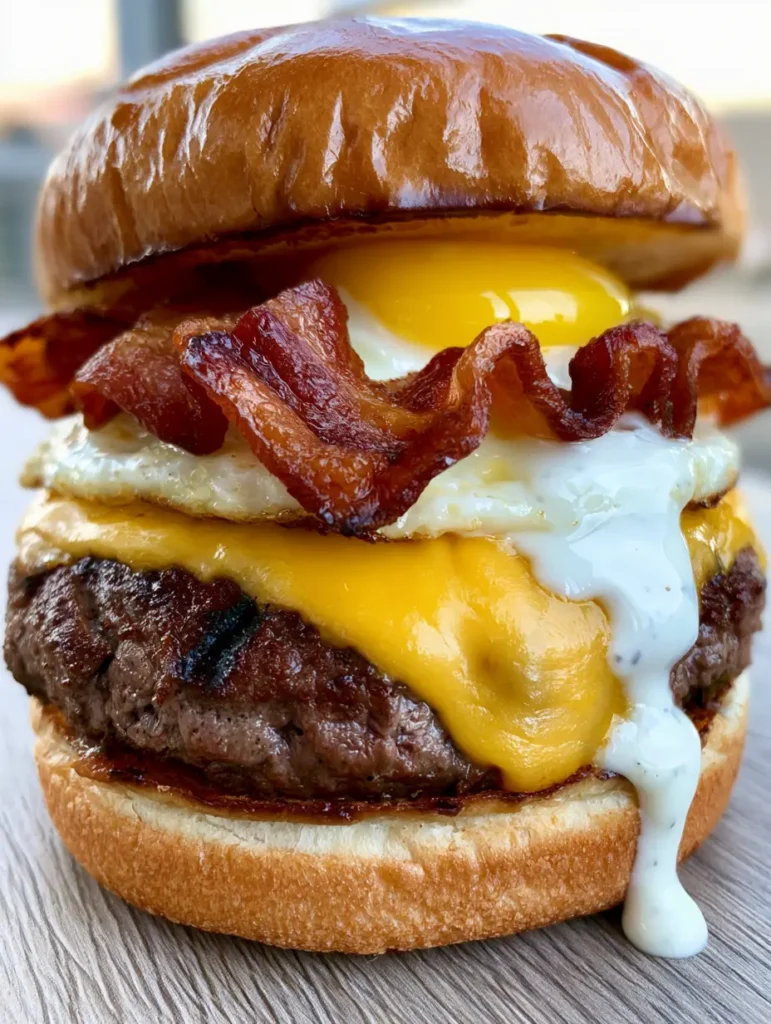 Bacon Cheese Burger Rezept: Der ultimative Gourmet-Burger mit Spiegelei 2 Nahaufnahme eines Bacon Cheese Burgers mit saftigem Fleisch und flüssiger Ranch Sauce. (Bacon Cheese Burger Rezept)