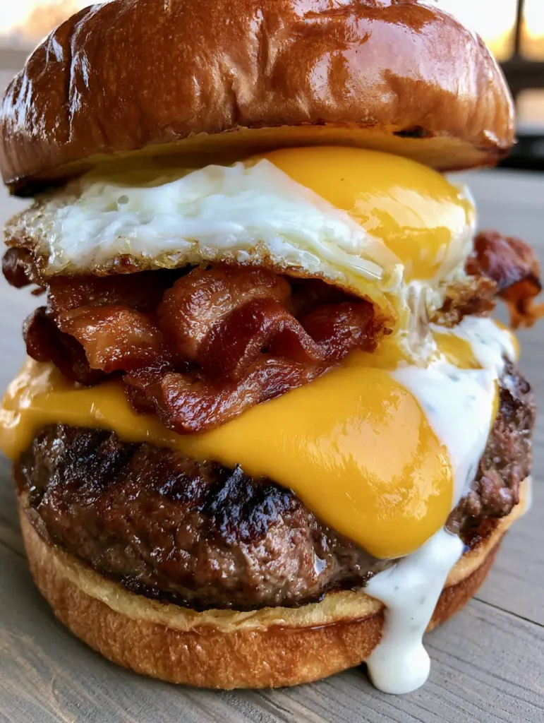 Bacon Cheese Burger Rezept: Der ultimative Gourmet-Burger mit Spiegelei 1 Ein fertig angerichteter Bacon Cheese Burger mit Brioche-Brötchen und Spiegelei.