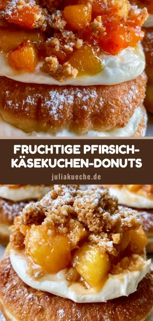 Goldbraune Pfirsich-Käsekuchen-Donuts mit Cheesecake-Füllung, glasierten Pfirsichstücken und Butterstreuseln auf hellem Hintergrund.