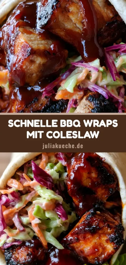 BBQ Chicken Wraps mit knackigem Coleslaw: Das ultimative 20-Minuten-Rezept 4 Ein fertig gerollter BBQ Chicken Wrap, angeschnitten um die Schichten aus Hähnchen in BBQ-Sauce und buntem Coleslaw zu zeigen.