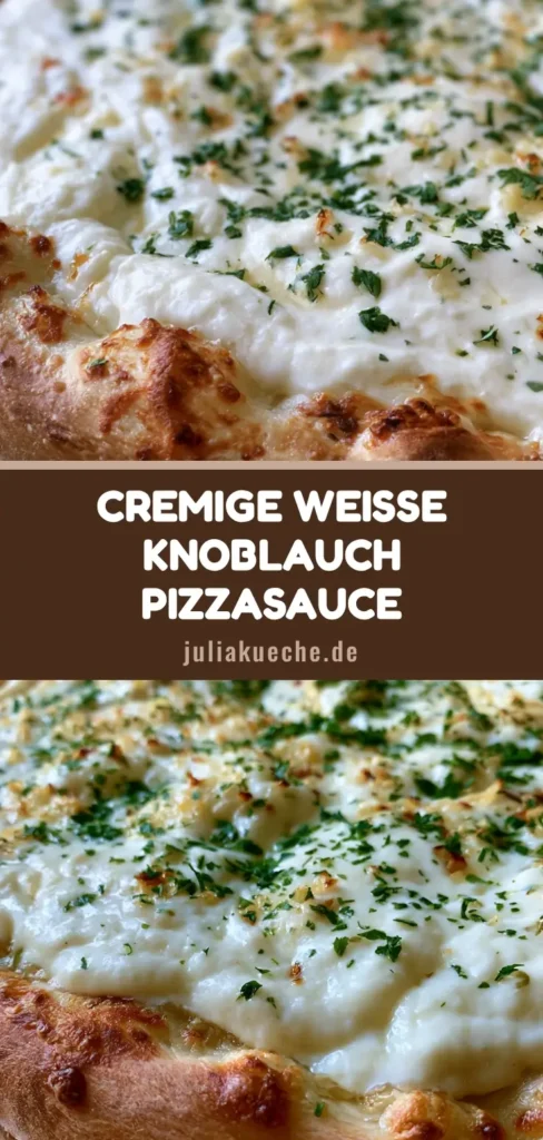 Eine rustikale Pizza mit dicker weißer Pizzasauce, geröstetem Knoblauch und Petersilie auf einem Holzbrett.