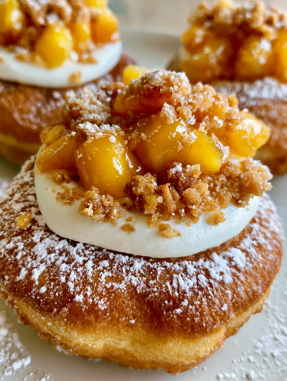 Nahaufnahme eines aufgeschnittenen Pfirsich-Käsekuchen-Donuts, der die cremige weiße Füllung und die glänzenden Pfirsiche zeigt.