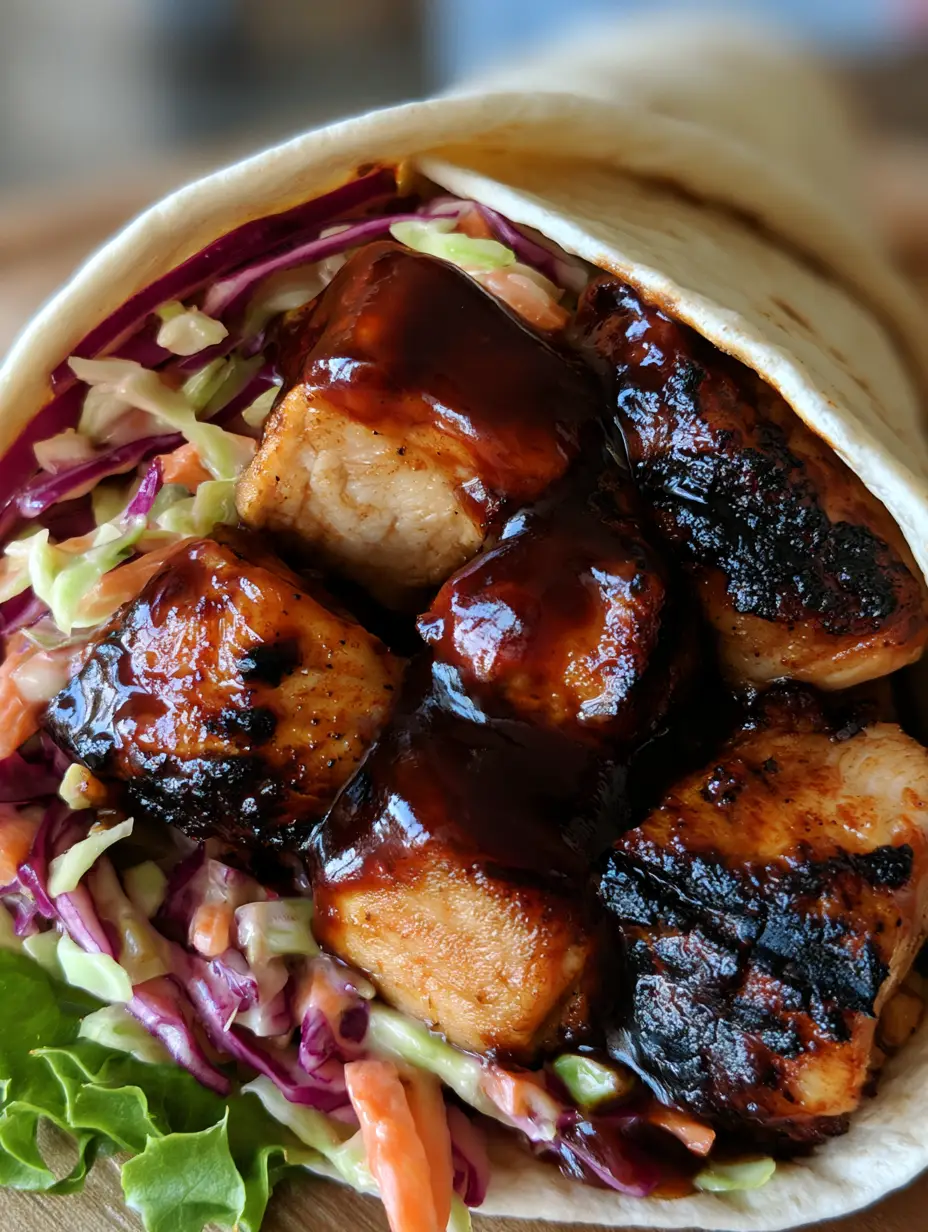 BBQ Chicken Wraps mit knackigem Coleslaw: Das ultimative 20-Minuten-Rezept 3 Nahaufnahme eines BBQ Chicken Wraps mit glänzendem Hähnchen und cremigem Rotkohl-Salat.