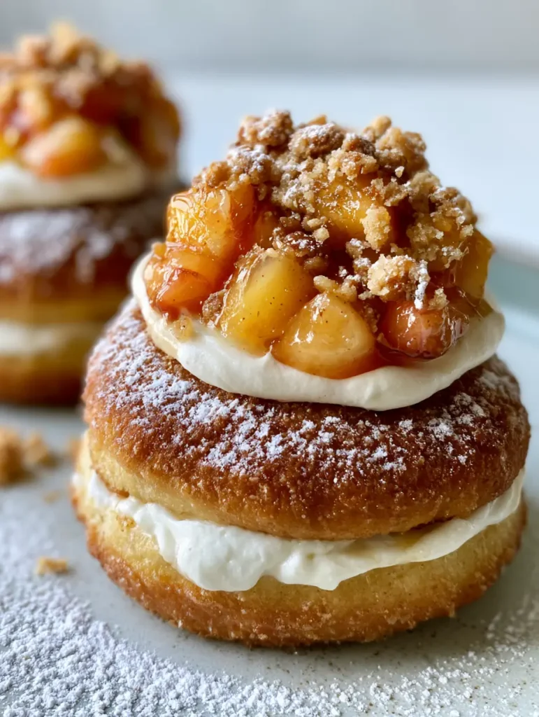 Mehrere Pfirsich-Käsekuchen-Donuts nebeneinander, großzügig mit Streuseln und Puderzucker bestreut.