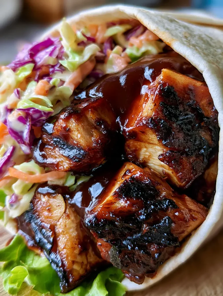 BBQ Chicken Wraps mit knackigem Coleslaw: Das ultimative 20-Minuten-Rezept 1 Draufsicht auf die Füllung eines BBQ Chicken Wraps mit Mahagoni-farbener Sauce.