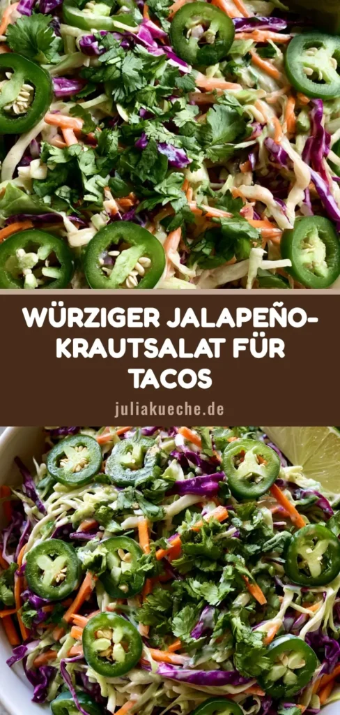 Draufsicht auf eine Schüssel Jalapeño-Krautsalat mit rotem und grünem Kohl, Karotten und Jalapeño-Ringen auf einem grauen Hintergrund.