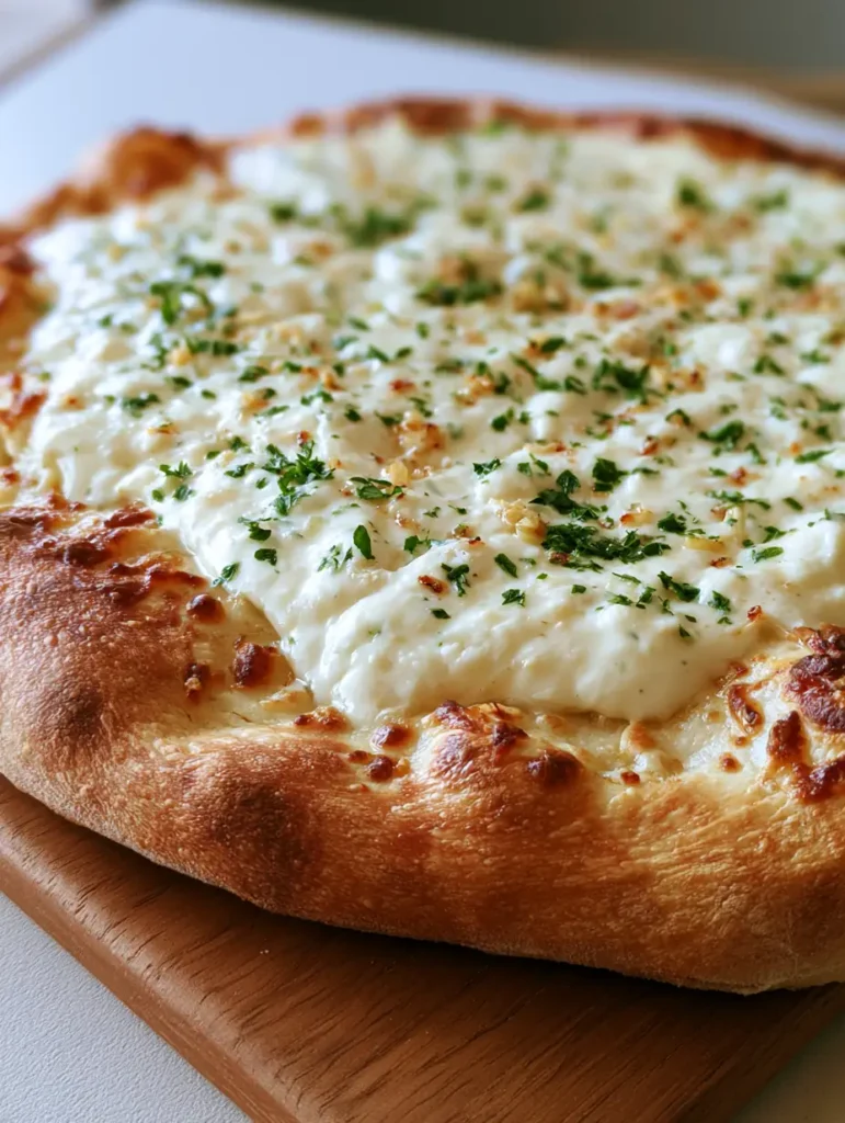 Nahaufnahme von weißer Pizzasauce auf einem goldbraunen Pizzateig mit Luftblasen.