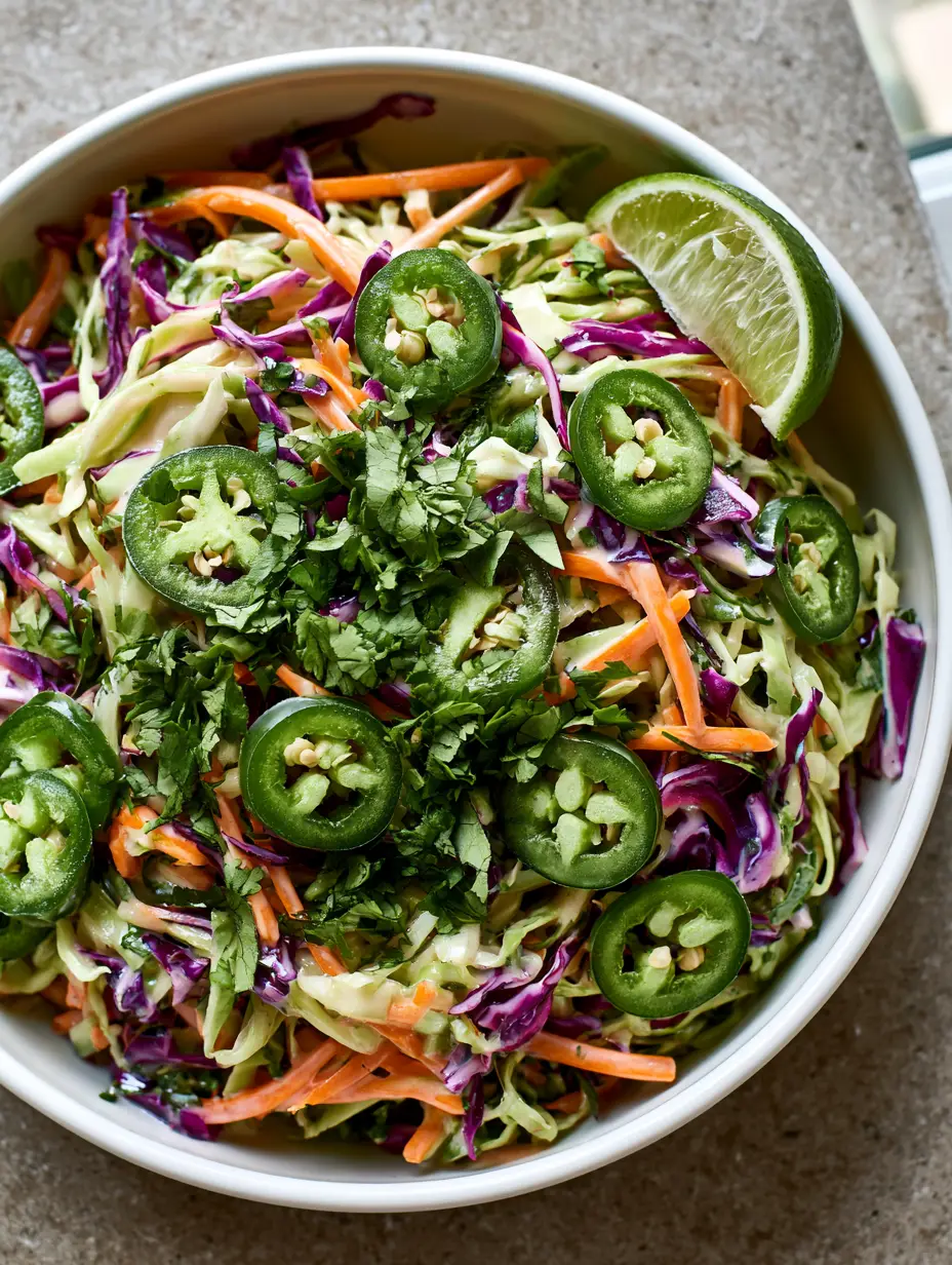Nahaufnahme von frischem Jalapeño-Krautsalat in einer weißen Schüssel mit viel Koriander und Limette.