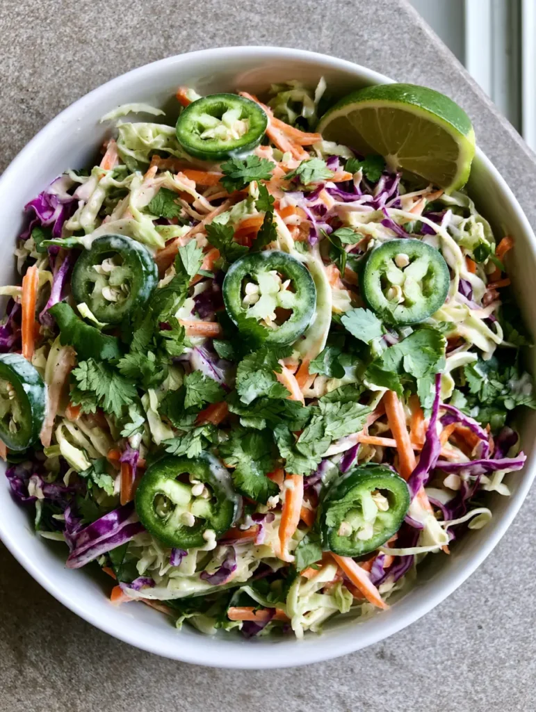 Bunter Krautsalat mit Jalapeños und cremigem Dressing in einer Keramikschüssel auf Stein-Untergrund.