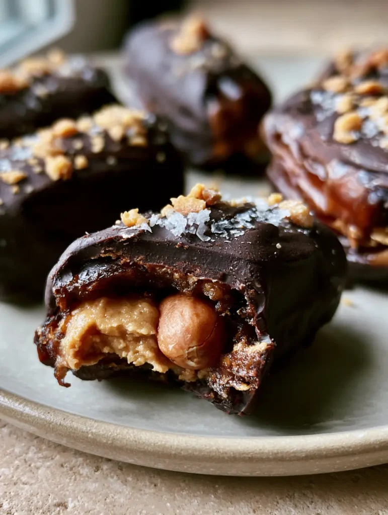 Dattel-Snickers: Der ultimative gesunde Snack mit Suchtfaktor 2 Nahaufnahme von Dattel-Snickers mit dunkler Schokolade und Meersalz-Garnitur auf einem beigen Hintergrund.