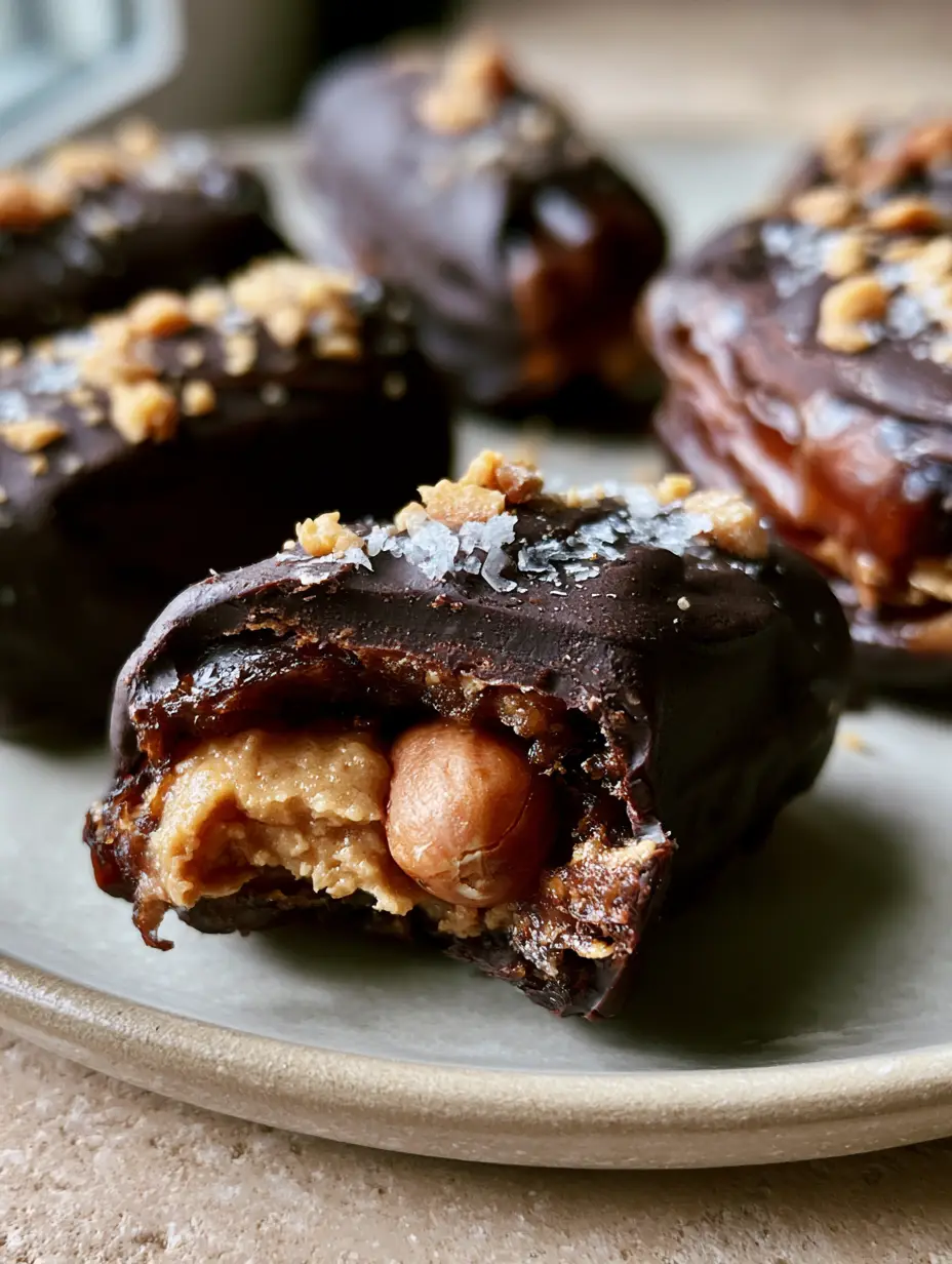 Dattel-Snickers: Der ultimative gesunde Snack mit Suchtfaktor 4 Nahaufnahme von Dattel-Snickers mit dunkler Schokolade und Meersalz-Garnitur auf einem beigen Hintergrund.
