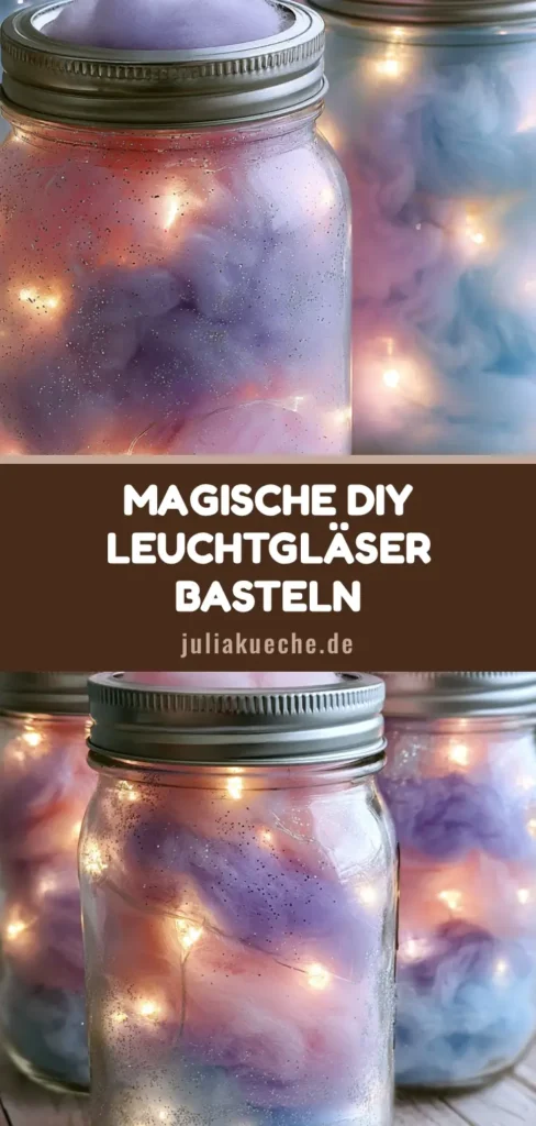 Ein DIY Leuchtglas gefüllt mit rosa, violetter und blauer Watte und funkelnden LED-Lichtern auf einem Holztisch.