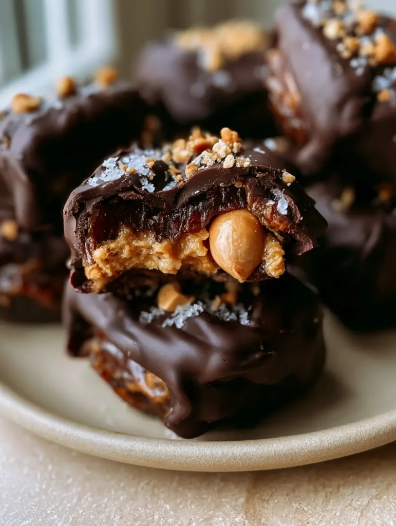 Dattel-Snickers: Der ultimative gesunde Snack mit Suchtfaktor 1 Dattel-Snickers Riegel auf einem Keramikteller, dekoriert mit gehackten Erdnüssen.
