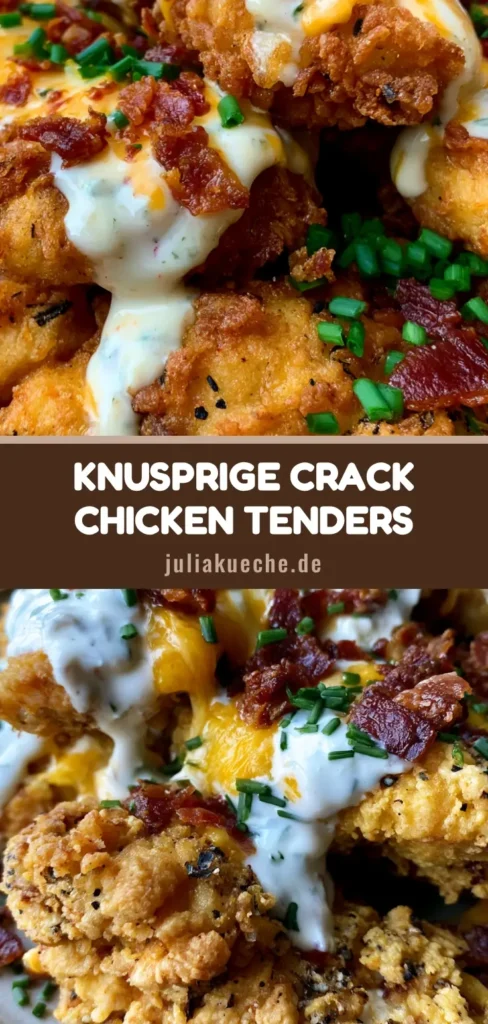Chicken Tenders Rezept: Extra knusprig & "Loaded" mit Cheddar und Bacon 3 Ein Stapel goldbraun gebackene Chicken Tenders mit geschmolzenem Cheddar, weißem Ranch-Dressing, Speckwürfeln und Schnittlauch. (Chicken Tenders Rezept)