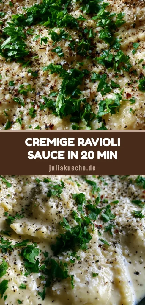 Draufsicht auf cremige Ravioli in einer gusseisernen Pfanne mit viel Parmesan und Petersilie. (Ravioli Sauce Rezept)