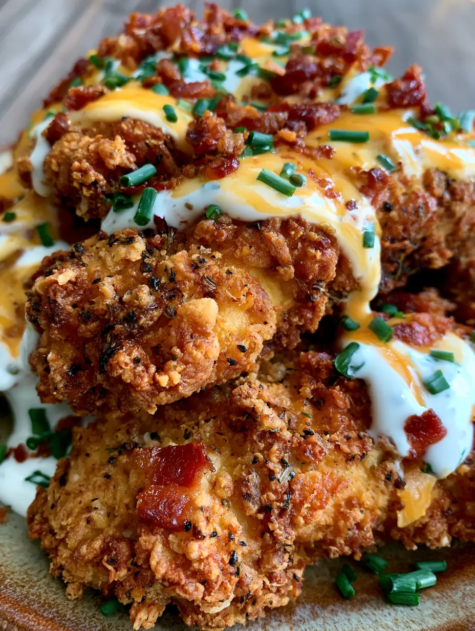 Chicken Tenders Rezept: Extra knusprig & "Loaded" mit Cheddar und Bacon 4 Nahaufnahme von knusprigen Hähnchenfilets mit zerklüfteter Panade und frischen Kräutern auf einem rustikalen Teller. (Chicken Tenders Rezept)