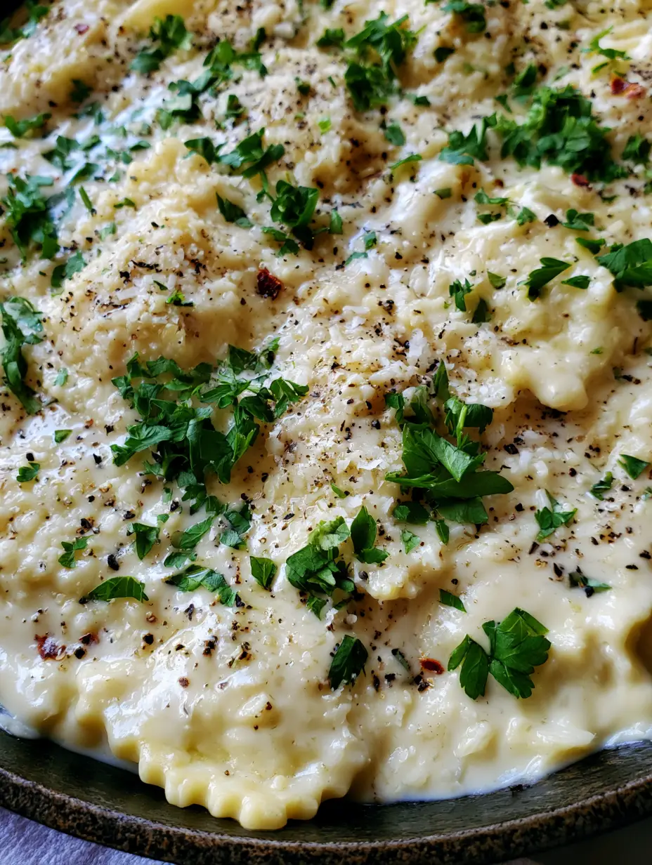 Nahaufnahme von quadratischen Ravioli-Kissen in einer glänzenden elfenbeinfarbenen Knoblauch-Sahne-Sauce. (Ravioli Sauce Rezept)