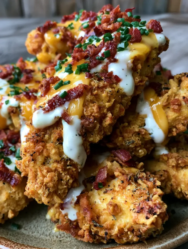 Chicken Tenders Rezept: Extra knusprig & "Loaded" mit Cheddar und Bacon 1 Hähncheninnenfilets in goldbrauner Panade mit cremigem Dressing und geschmolzenem Käse garniert.