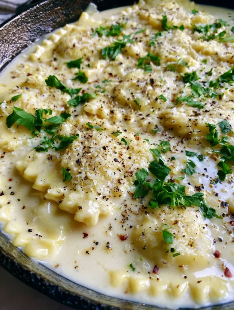Rustikale gusseiserne Pfanne gefüllt mit Ravioli in cremiger Sauce, garniert mit Kräutern und Pfeffer.