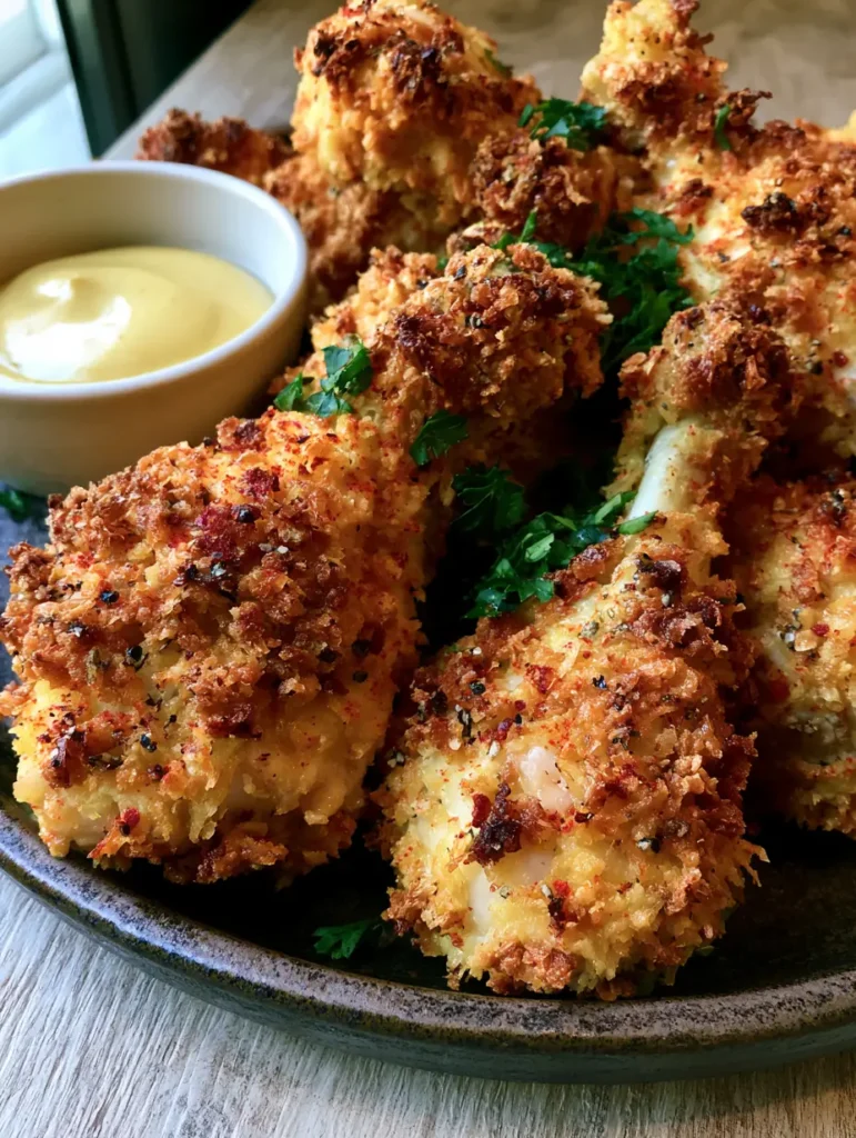 Knuspriges Ofenhähnchen: Das Geheimnis für perfekt goldbraune Drumsticks 1 Servierfertiges knuspriges Ofenhähnchen mit einer Schüssel cremiger Honig-Senf-Sauce.